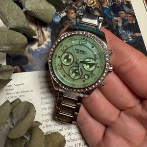Fossil Silver Watch with Mint Green Dial and Crystal Bezel